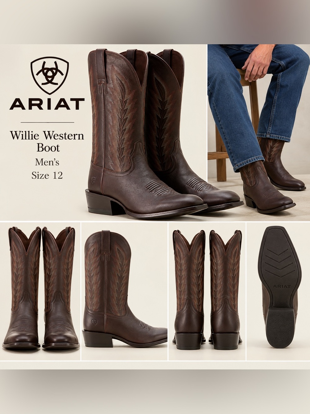 Ariat Willie Western Men’s Cowboy Boots Brown Leather Size 12 NWOT